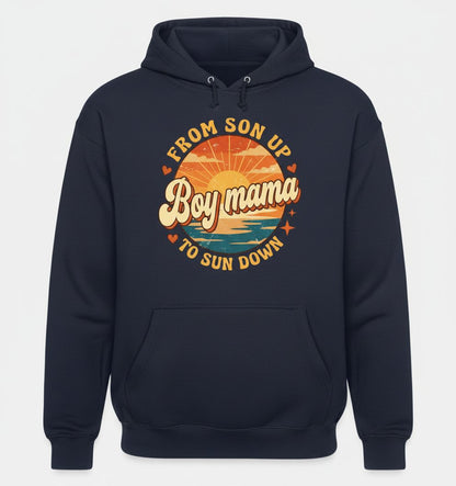 From Son Up to Sun Down Boy Mama Retro Mothers of Sons Hoodie - product mockup - Navy
