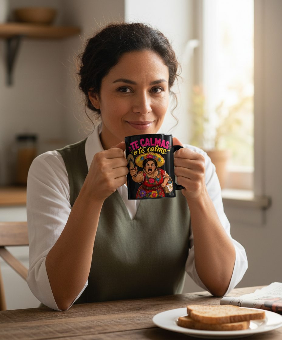 Te Calmas O Te Calmo Funny Latina Mom Black Mug - lifestyle model mockup - Black