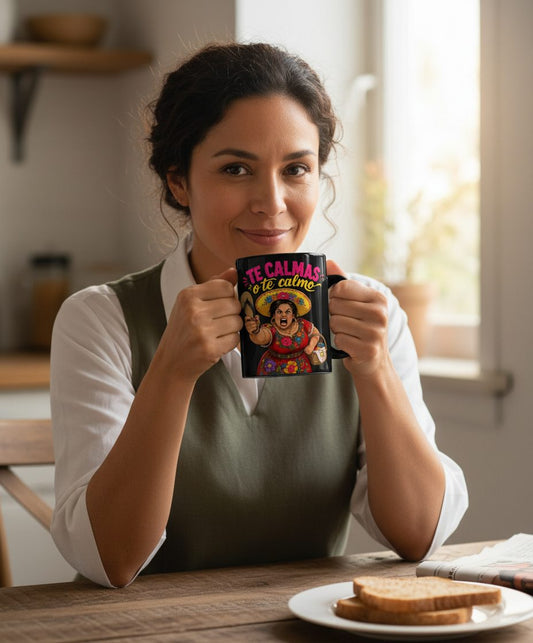 Te Calmas O Te Calmo Funny Latina Mom Black Mug - lifestyle model mockup - Black