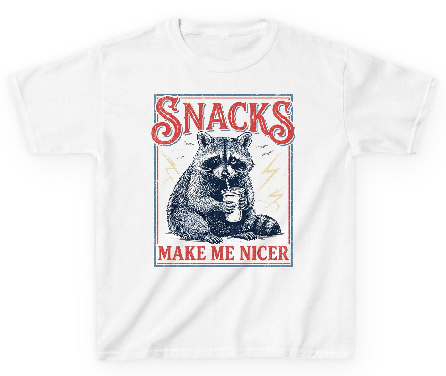 SNACKS MAKE ME NICER Funny Raccoon Youth T-Shirt - product mockup - White