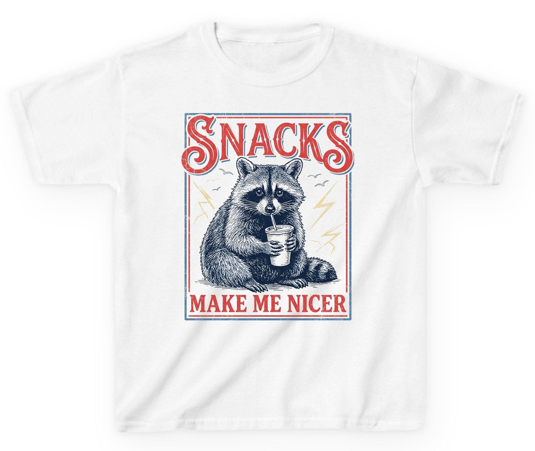 SNACKS MAKE ME NICER Funny Raccoon Youth T-Shirt - product mockup - White