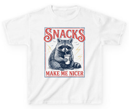 SNACKS MAKE ME NICER Funny Raccoon Youth T-Shirt - product mockup - White
