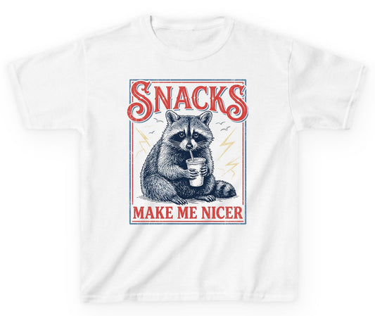 SNACKS MAKE ME NICER Funny Raccoon Youth T-Shirt - product mockup - White