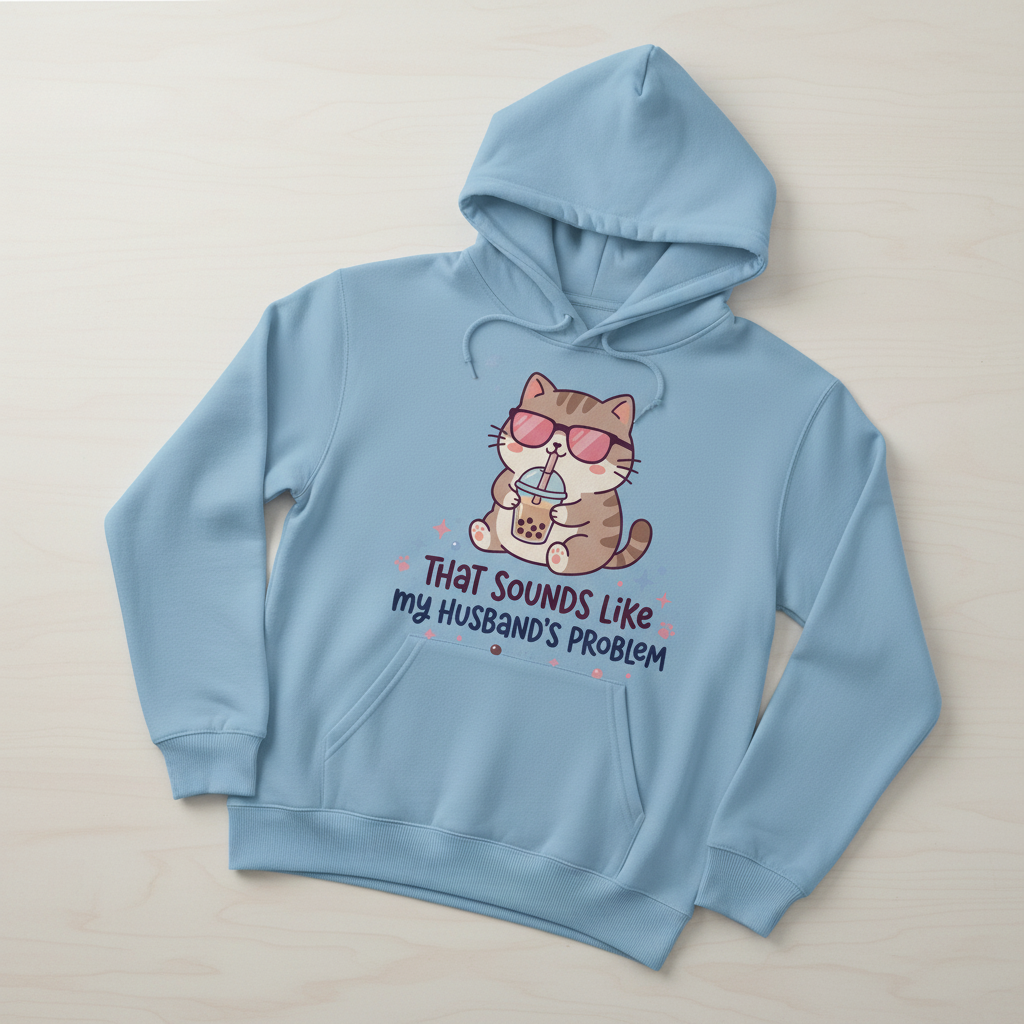 That Sounds Like My Husband's Problem Cat with Boba Tea Hoodie - Light Blue