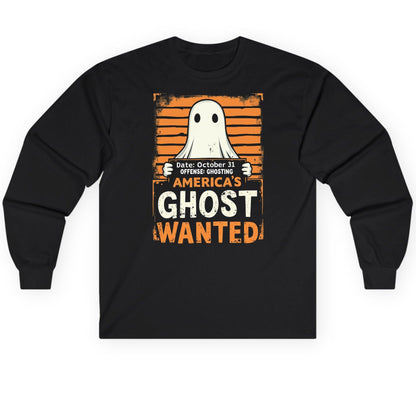 Date October 31 Offense Ghosting America's Ghost Wanted ghost Long Sleeve Tee Black product mockup