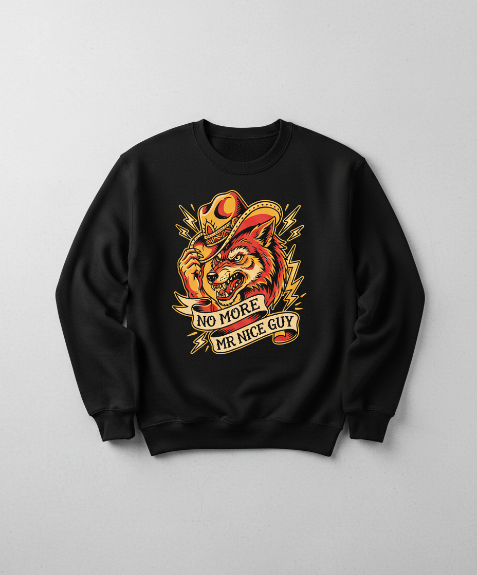 No More Mr Nice Guy Wolf Cowboy Tattoo Art Sweatshirt - Black