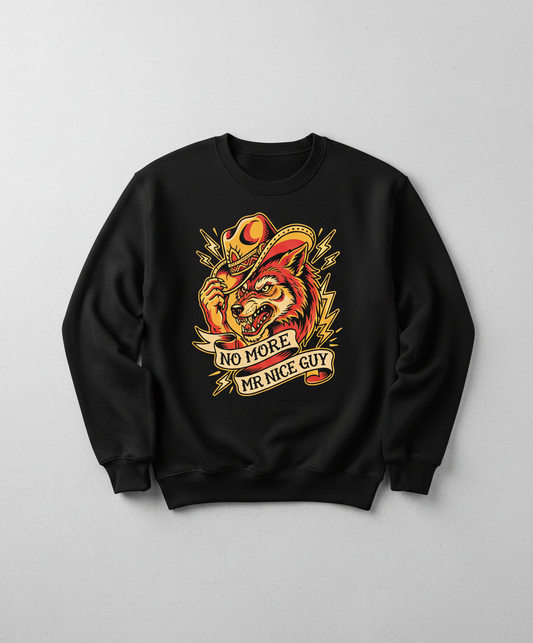 No More Mr Nice Guy Wolf Cowboy Tattoo Art Sweatshirt - Black