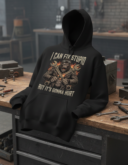 I Can Fix Stupid Gorilla Mechanic Biker Design Hoodie - Black