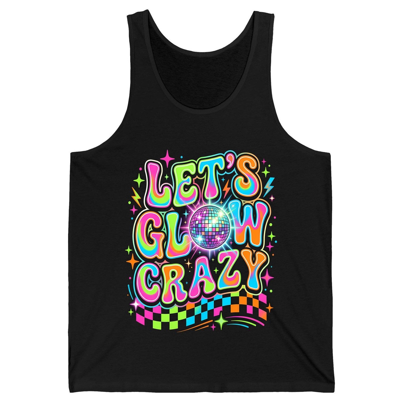Let's Glow Crazy Retro Party Tank Top - product mockup - Black