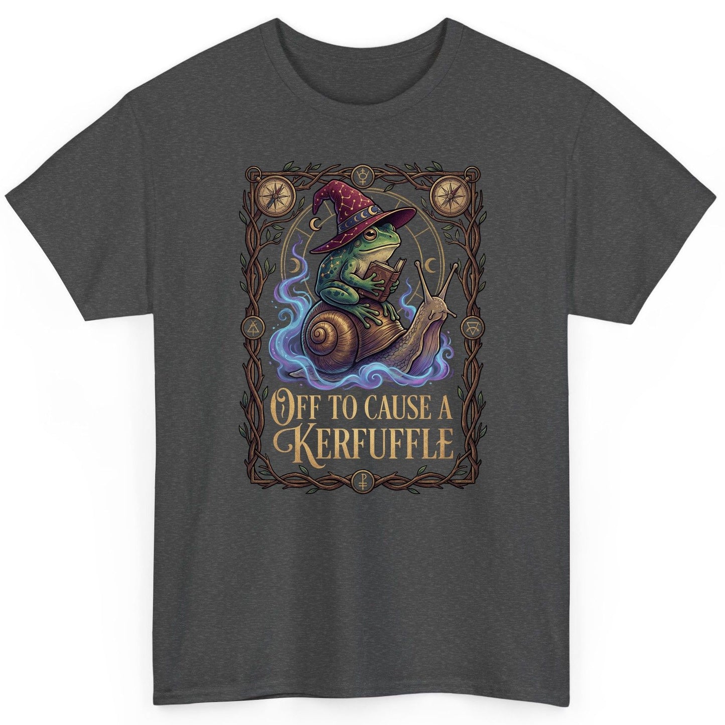 Off to Cause a Kerfuffle frog wizard T-Shirt Dark Heather product mockup