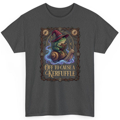 Off to Cause a Kerfuffle frog wizard T-Shirt Dark Heather product mockup