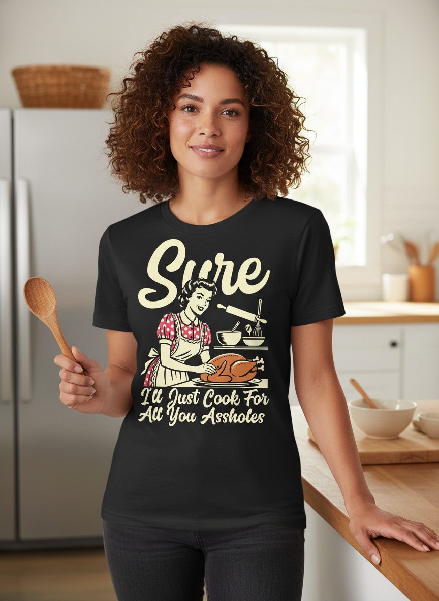 Sure I'll Just Cook for All You Assholes sarcastic housewife T-Shirt Black lifestyle mockup
