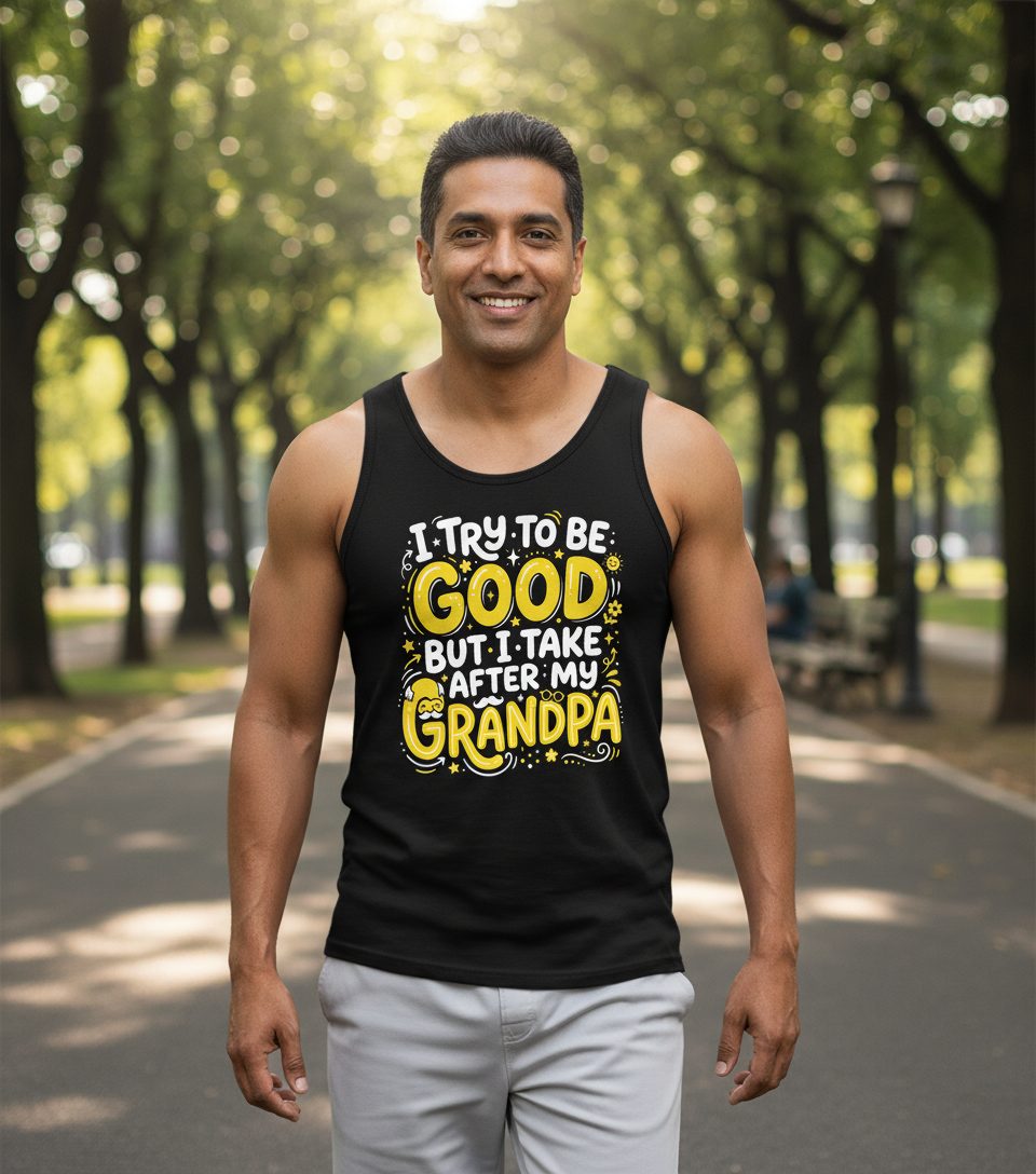 I TRY TO BE GOOD BUT I TAKE AFTER MY Grandpa Tank Top - lifestyle model mockup - Black