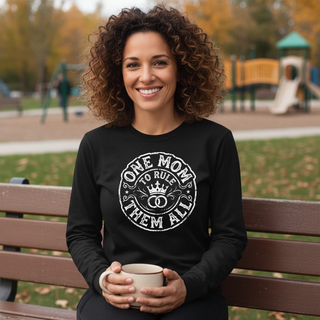 One Mom to Rule Them All Funny Moms Long Sleeve Tee - lifestyle model mockup - Black