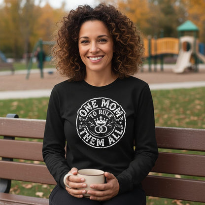 One Mom to Rule Them All Funny Moms Long Sleeve Tee - lifestyle model mockup - Black
