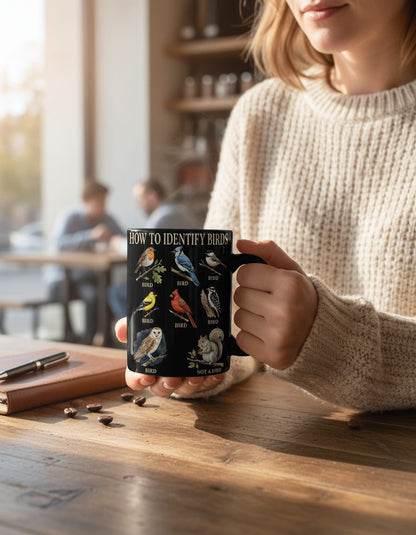 How to Identify Birds Funny Birdwatching Black Mug - lifestyle model mockup - Black