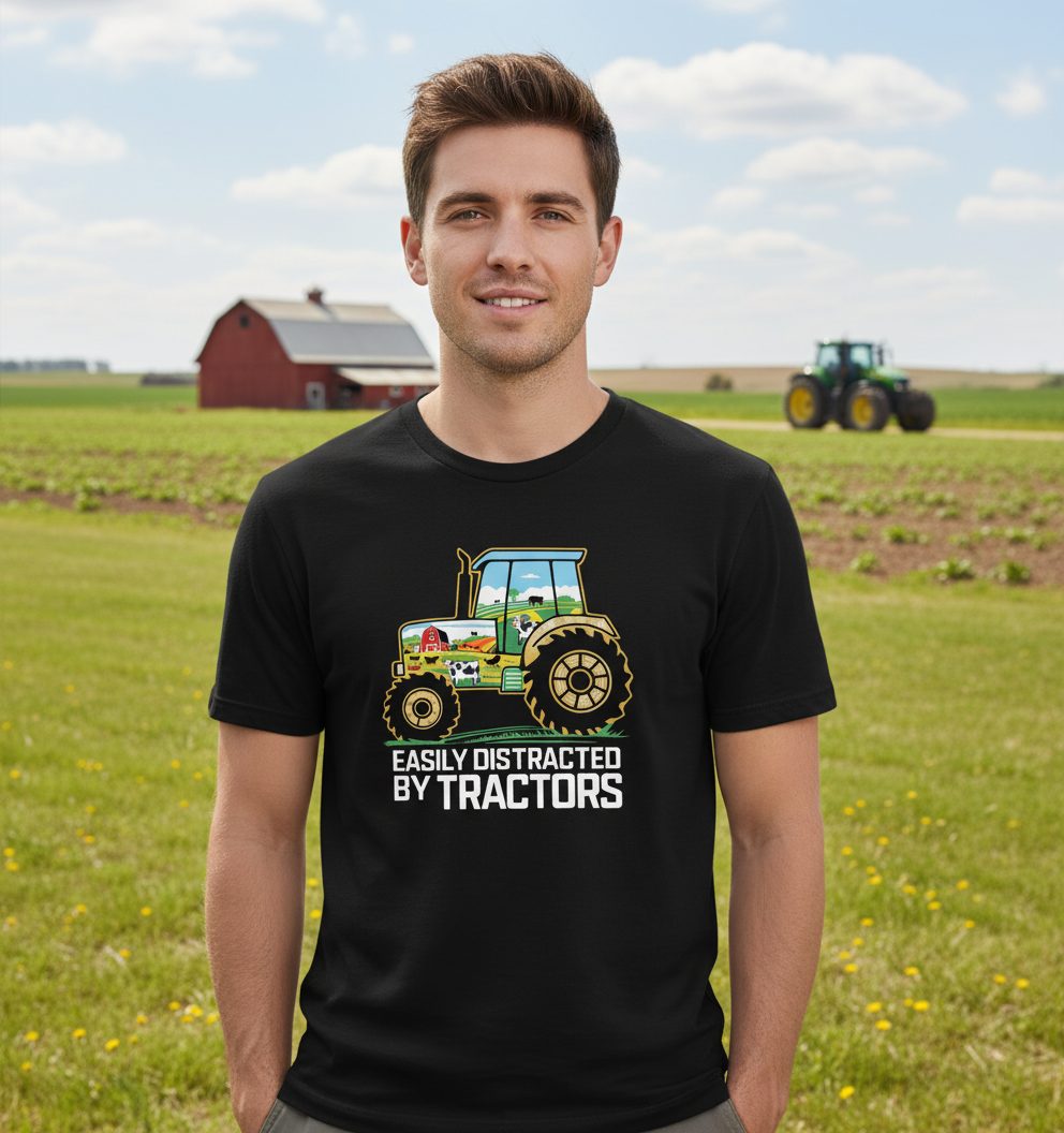 Easily Distracted by Tractors farming T-Shirt Black lifestyle mockup