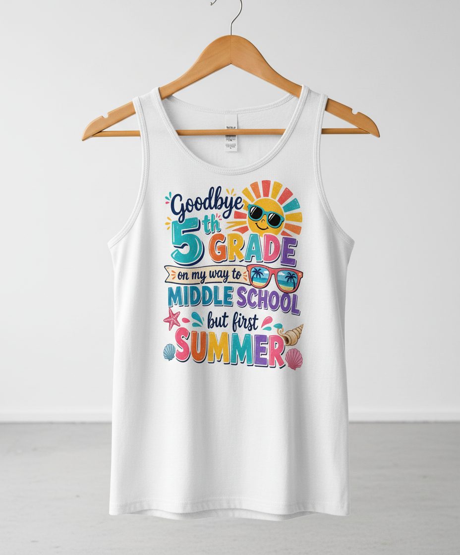 Goodbye 5th GRADE on My Way to MIDDLE SCHOOL but First SUMMER Tank Top - product mockup - White