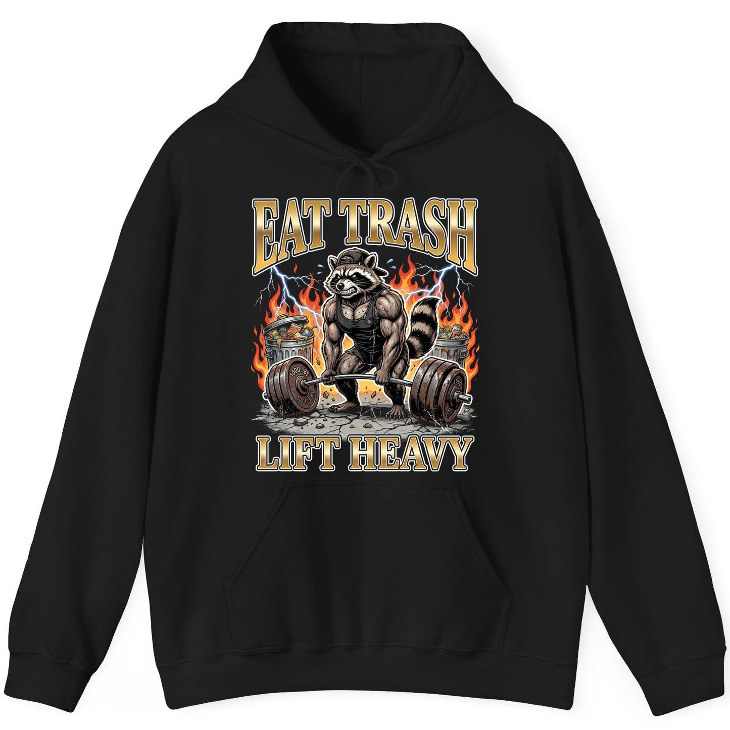 Eat Trash Lift Heavy weightlifting raccoon Hoodie Black product mockup
