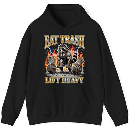 Eat Trash Lift Heavy weightlifting raccoon Hoodie Black product mockup