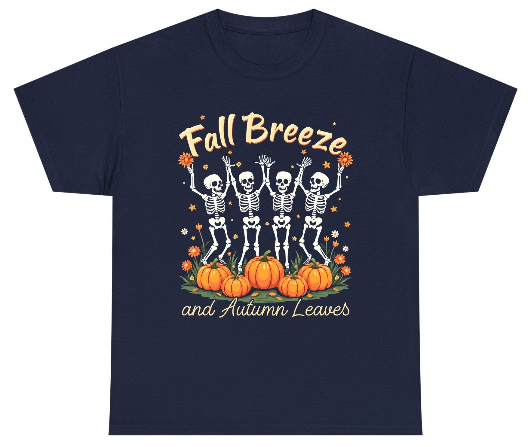 Fall Breeze and Autumn Leaves dancing skeletons Youth T-Shirt Navy product mockup