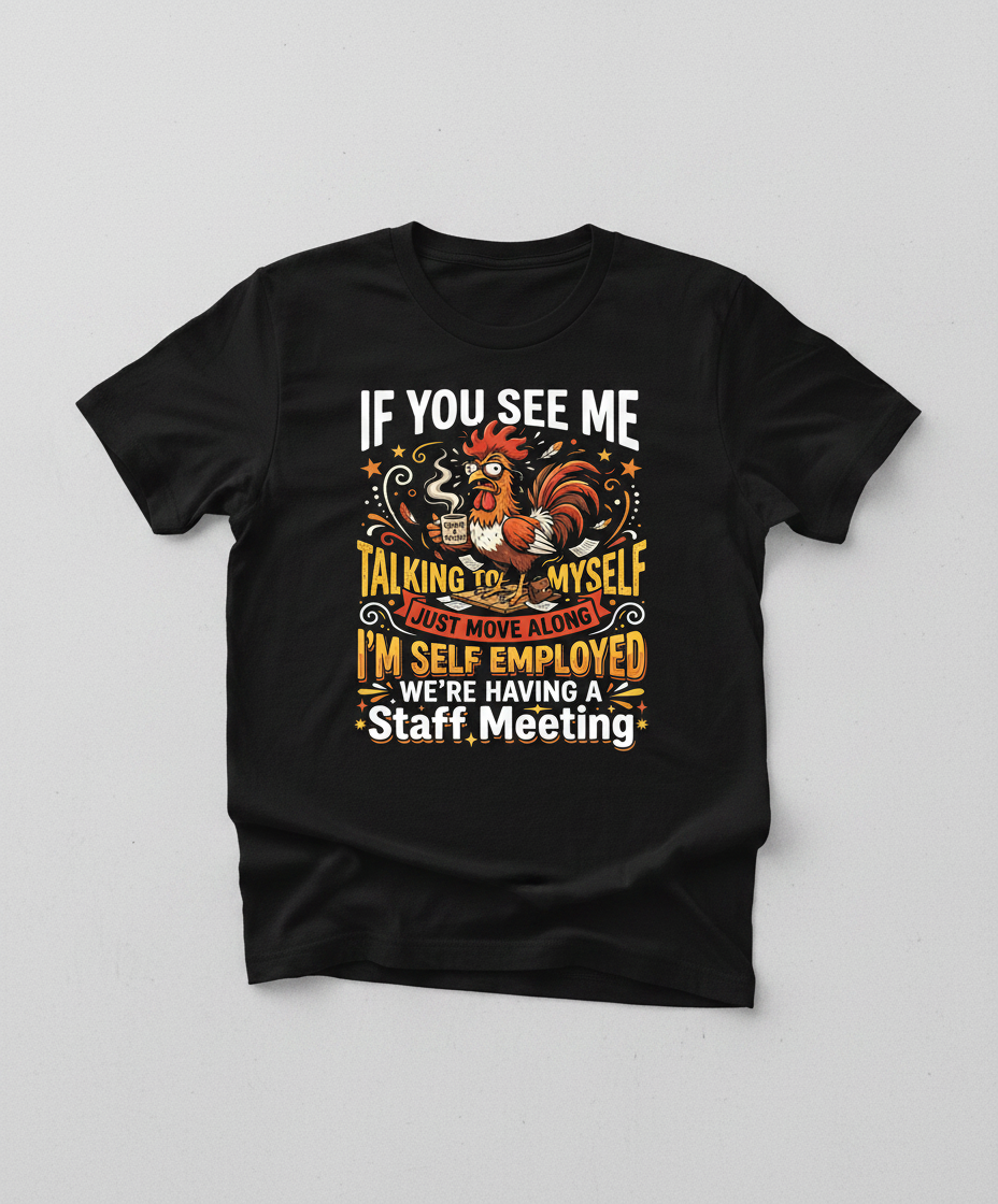 Funny Self-Employed Staff Meeting Rooster Design T-Shirt - Black