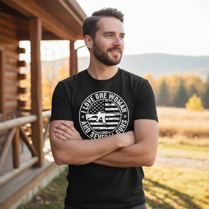 I LOVE ONE WOMAN AND Several GUNS Funny Gun Owners T-Shirt - lifestyle model mockup - Black