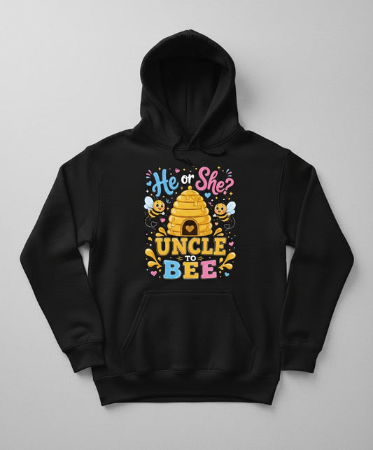 He or She Uncle to Bee Gender Reveal Hoodie - product mockup - Black