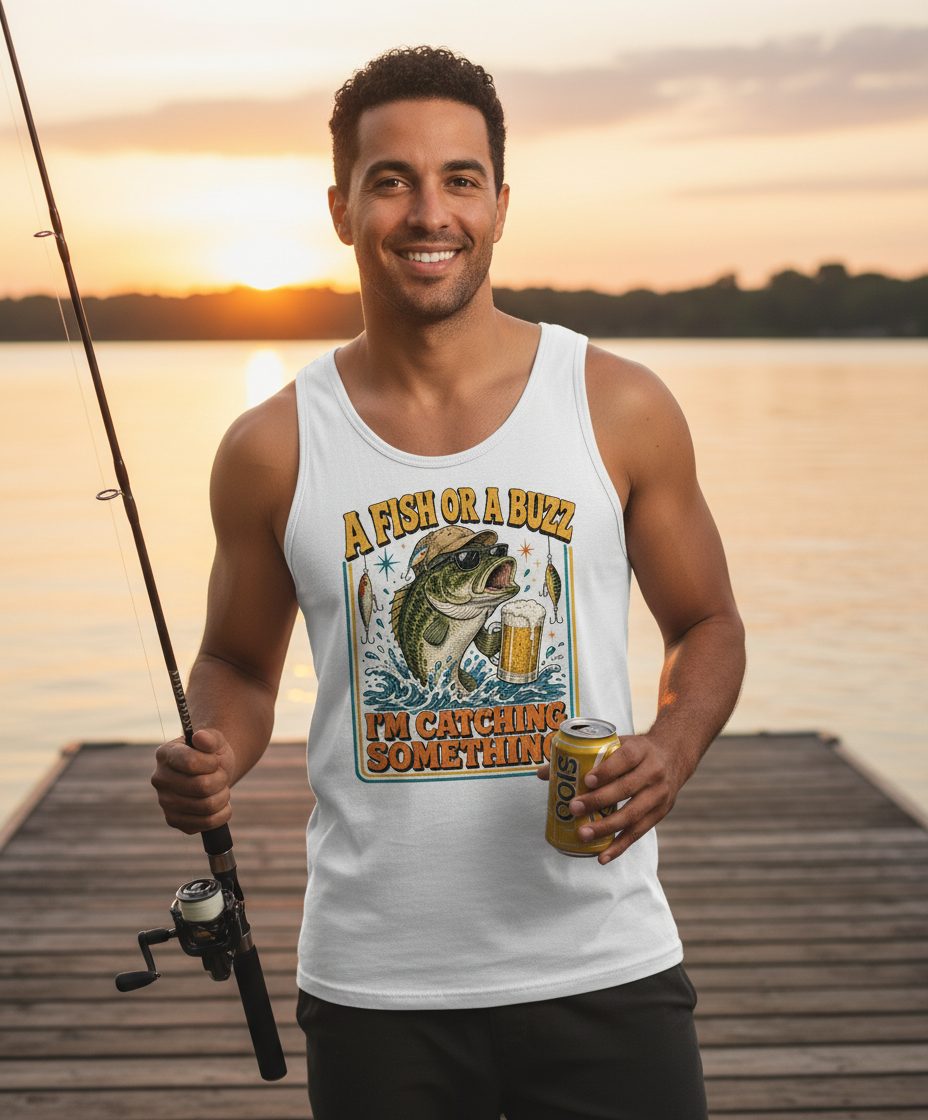 A FISH OR a BUZZ I'M Catching Something Funny Fishing Tank Top - lifestyle model mockup - White