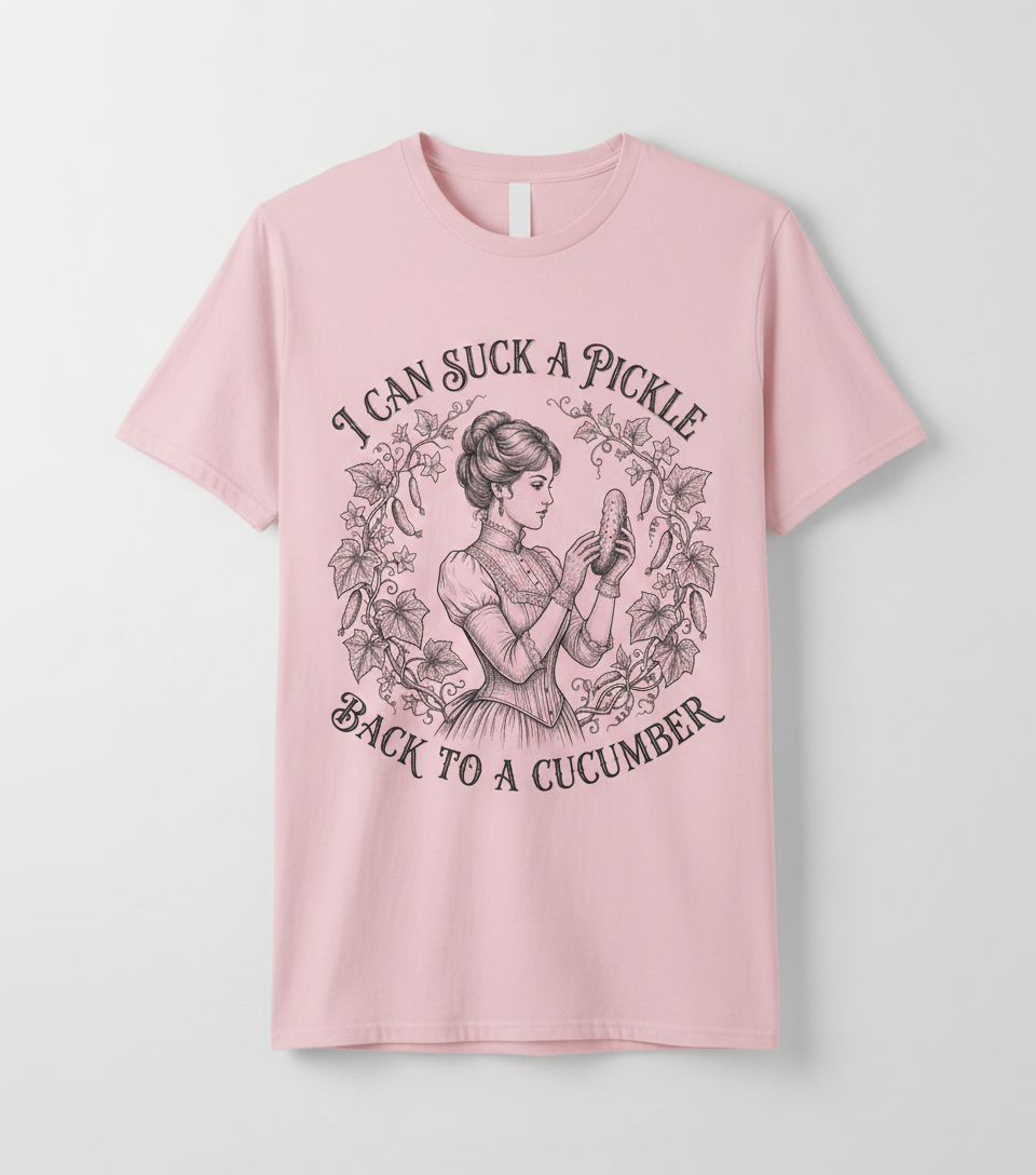 Vintage Victorian "I Can Suck a Pickle Back to a Cucumber" Design T-Shirt - Light Pink