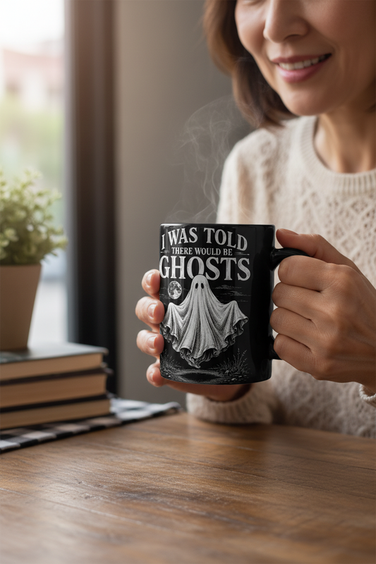 Funny I Was Told There Would Be Ghosts Black Mug - lifestyle model mockup - Black