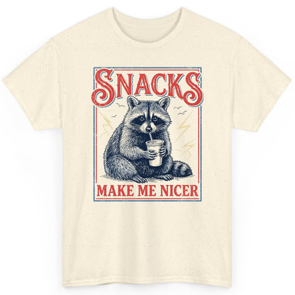 SNACKS MAKE ME NICER Funny Raccoon T-Shirt - product mockup - Natural