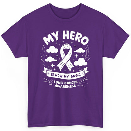 My Hero Is Now My Angel Lung Cancer Awareness lung cancer awareness T-Shirt Purple product mockup