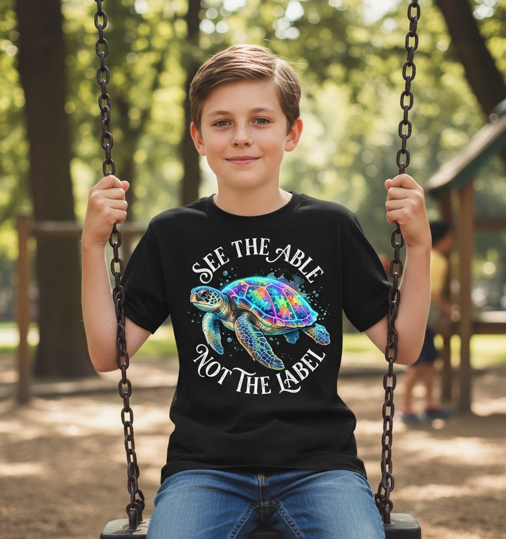 See the Able Not the Label Autism Awareness Youth T-Shirt - lifestyle model mockup - Black