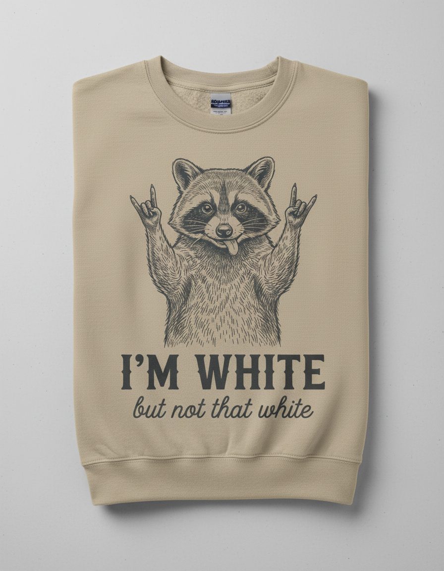 I'M WHITE but Not That White Funny Raccoon Sweatshirt - product mockup - Sand