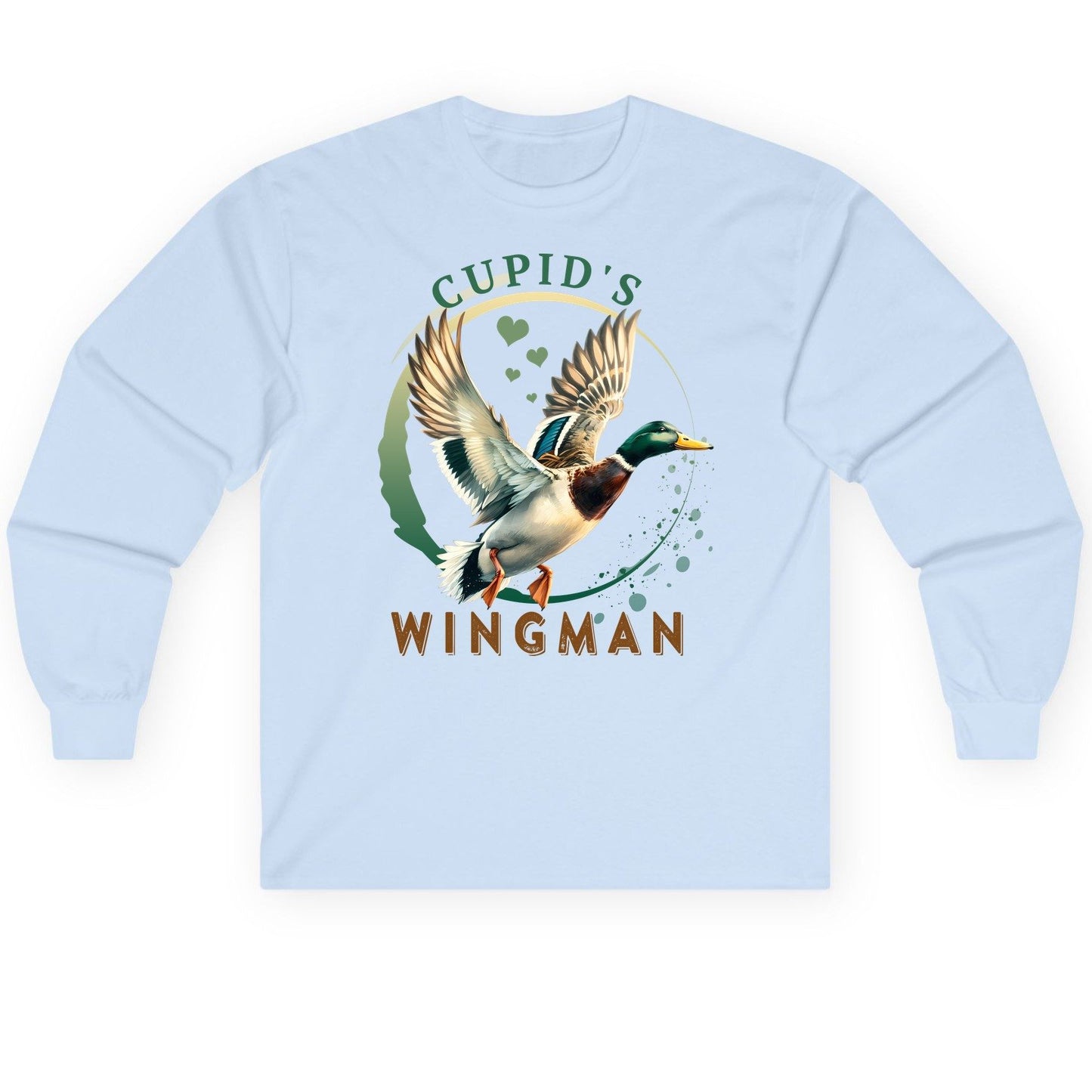 Cupid's Wingman mallard duck Long Sleeve Tee Light Blue product mockup