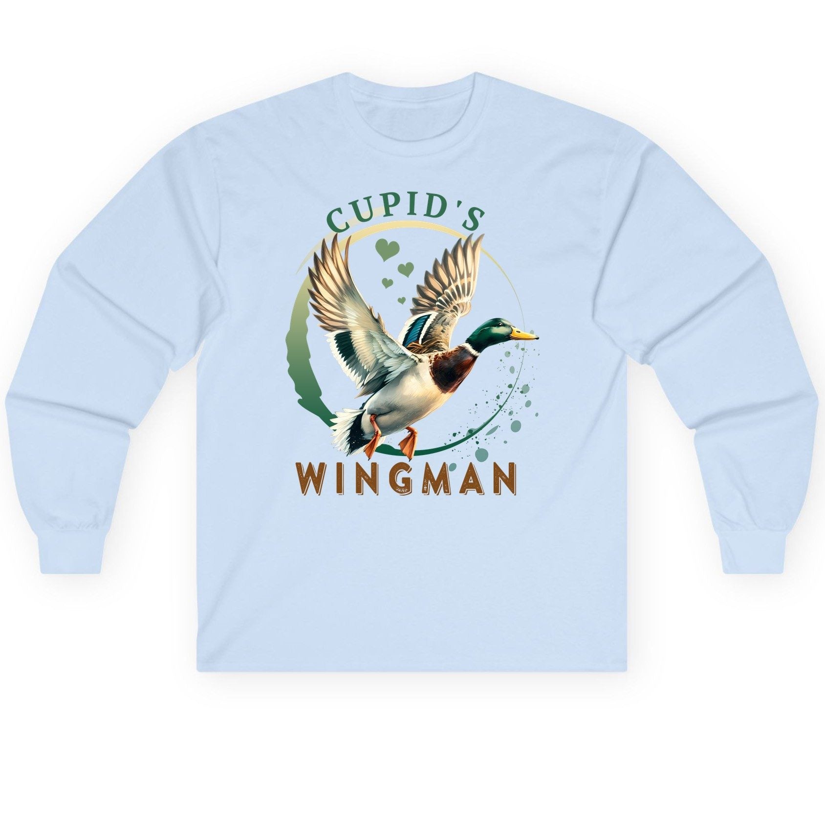 Cupid's Wingman mallard duck Long Sleeve Tee Light Blue product mockup