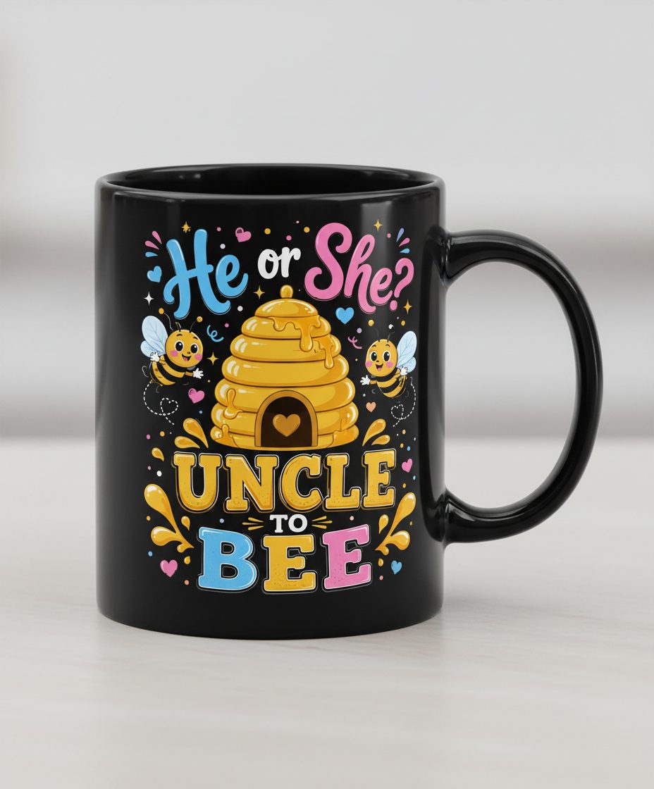 He or She Uncle to Bee Gender Reveal Black Mug - product mockup - Black