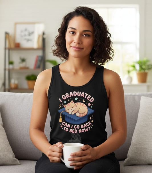 I Graduated CAN I GO BACK TO BED NOW Funny Graduation Cat Tank Top - lifestyle model mockup - Black