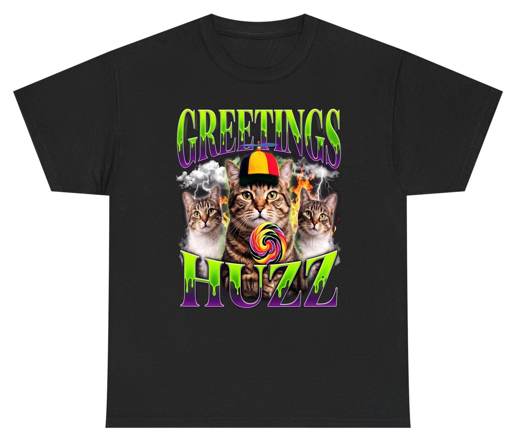 Greetings HUZZ Funny Cat Youth T-Shirt - product mockup - Black