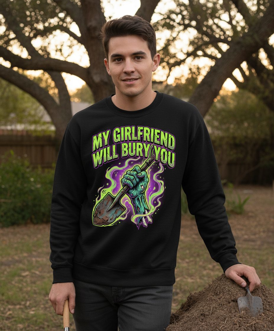 My Girlfriend Will Bury You zombie Sweatshirt Black lifestyle mockup