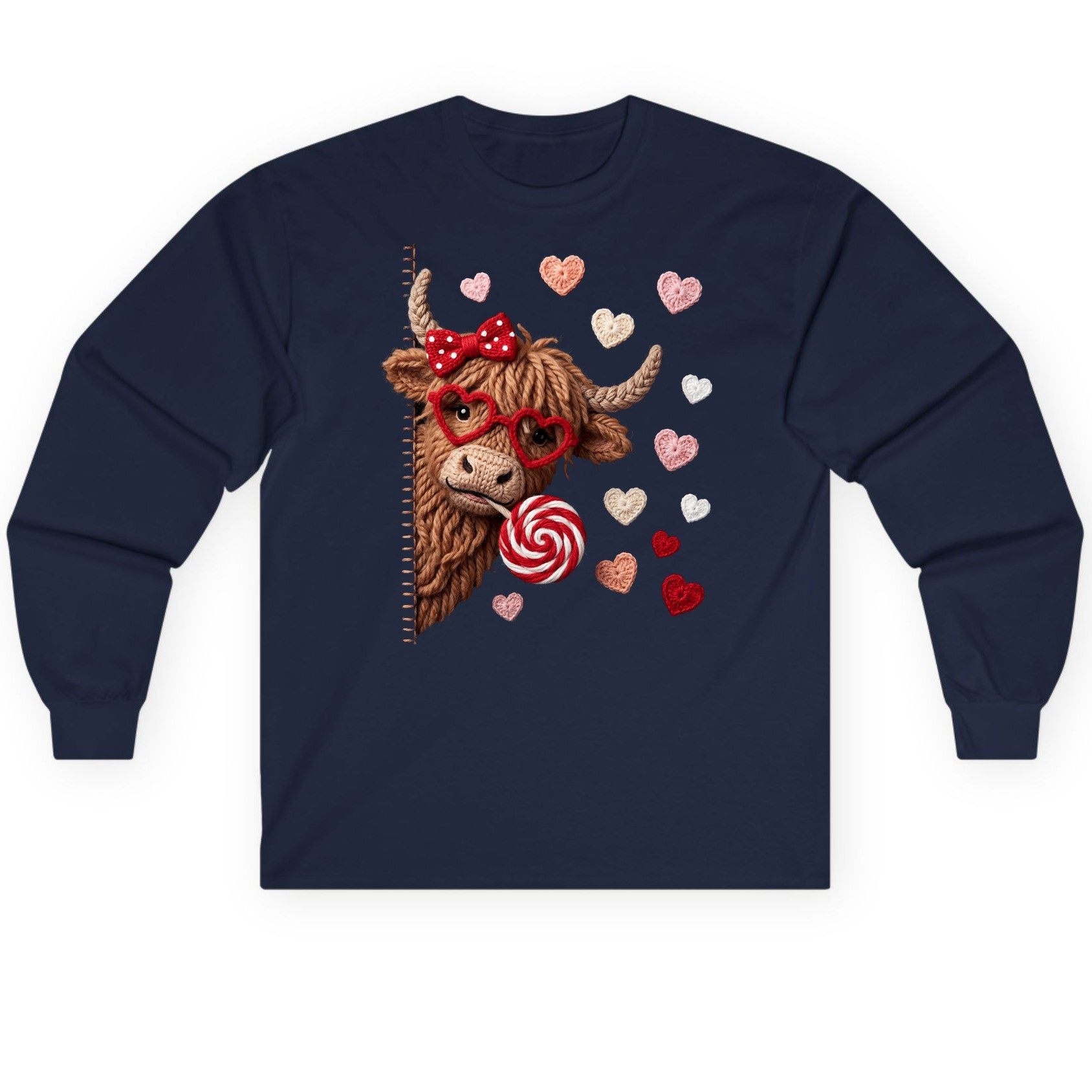 Crochet Valentine's Highland Cow highland cow Long Sleeve Tee Navy product mockup
