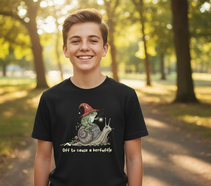 Off to Cause a Kerfuffle wizard frog Youth T-Shirt Black lifestyle mockup