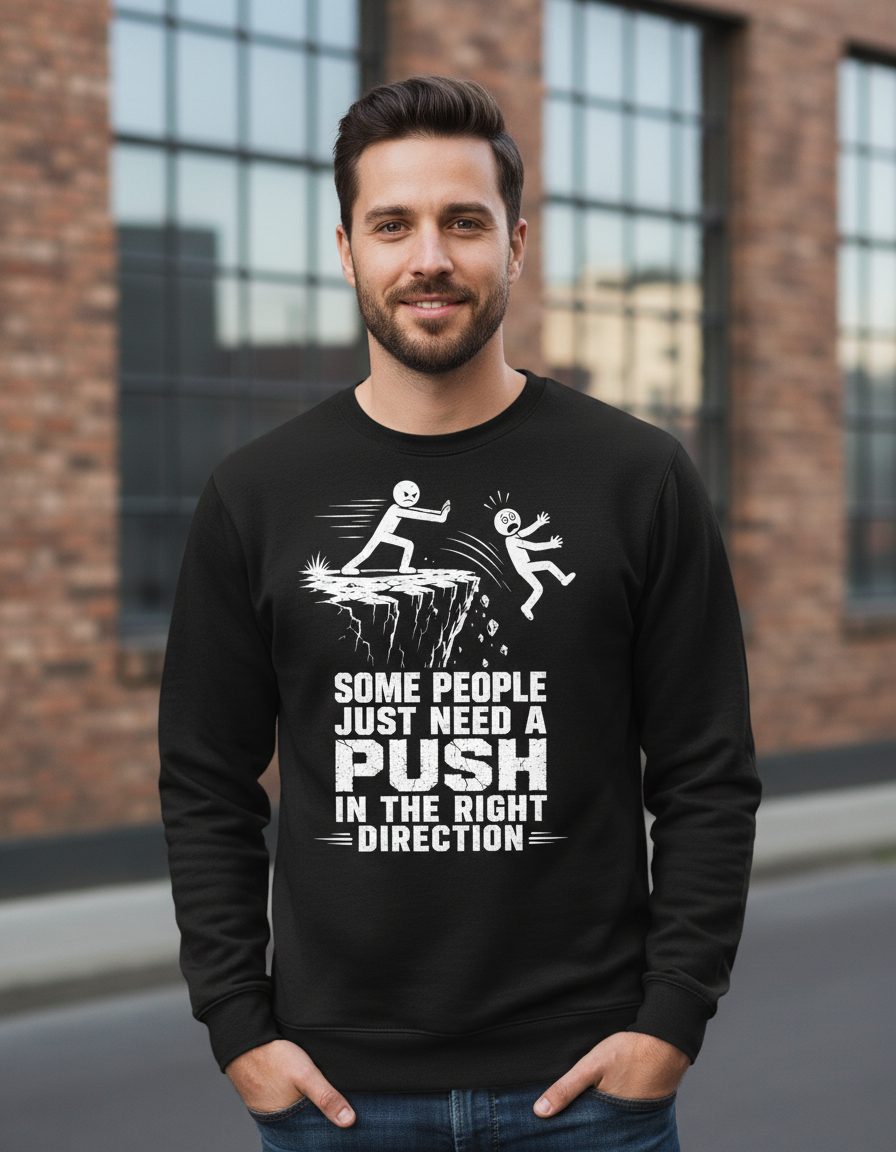 Some People Just Need a Push in the Right Direction Funny Dark Humor Sweatshirt - lifestyle model mockup - Black
