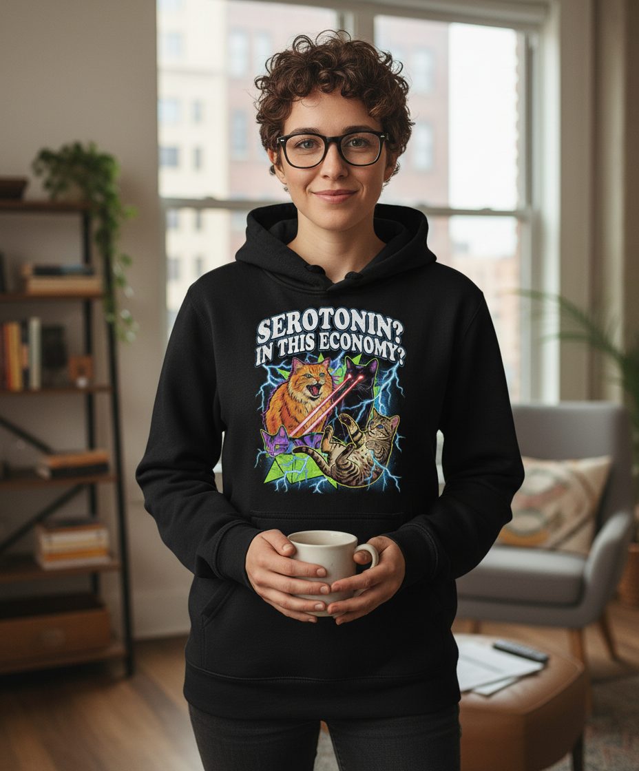 Serotonin in This Economy? cats Hoodie Black lifestyle mockup