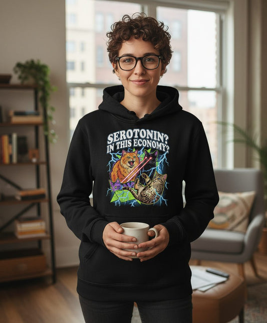 Serotonin in This Economy? cats Hoodie Black lifestyle mockup