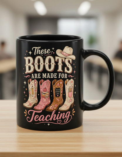 These Boots Are Made for Teaching Teacher Black Mug - product mockup - Black