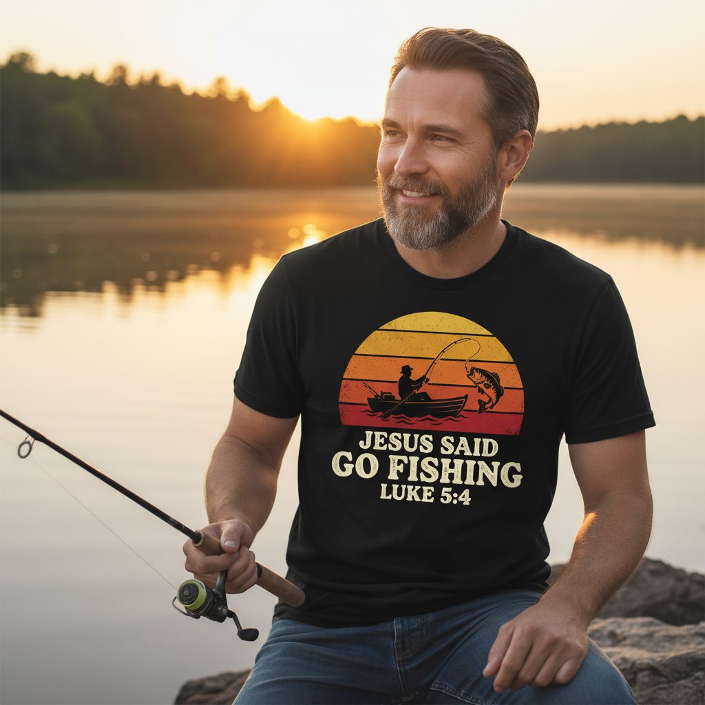 JESUS SAID GO Fishing LUKE 5 4 Retro Christian T-Shirt - lifestyle model mockup - Black