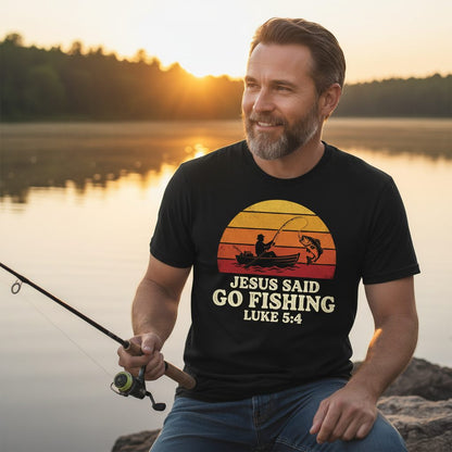 JESUS SAID GO Fishing LUKE 5 4 Retro Christian T-Shirt - lifestyle model mockup - Black