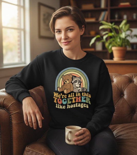 We're All in This Together Like Hostages sarcastic humor Sweatshirt Black lifestyle mockup